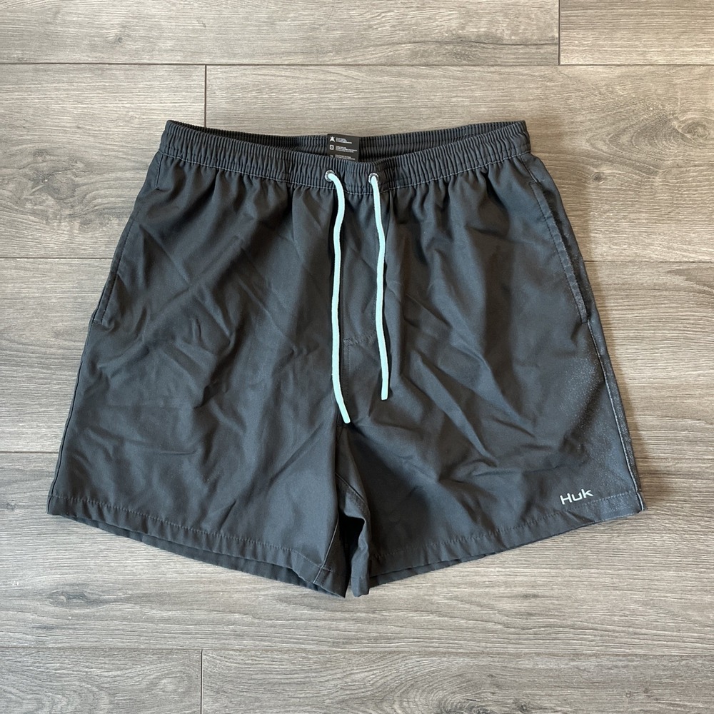 HUK Mens M Lined Swim Trunks Green Drawstring